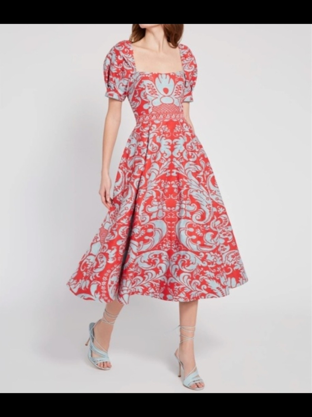 NWOT Alice + Olivia FREDIA Puff Sleeve Fit & Flare Turquoise Red Midi Dress SZ10